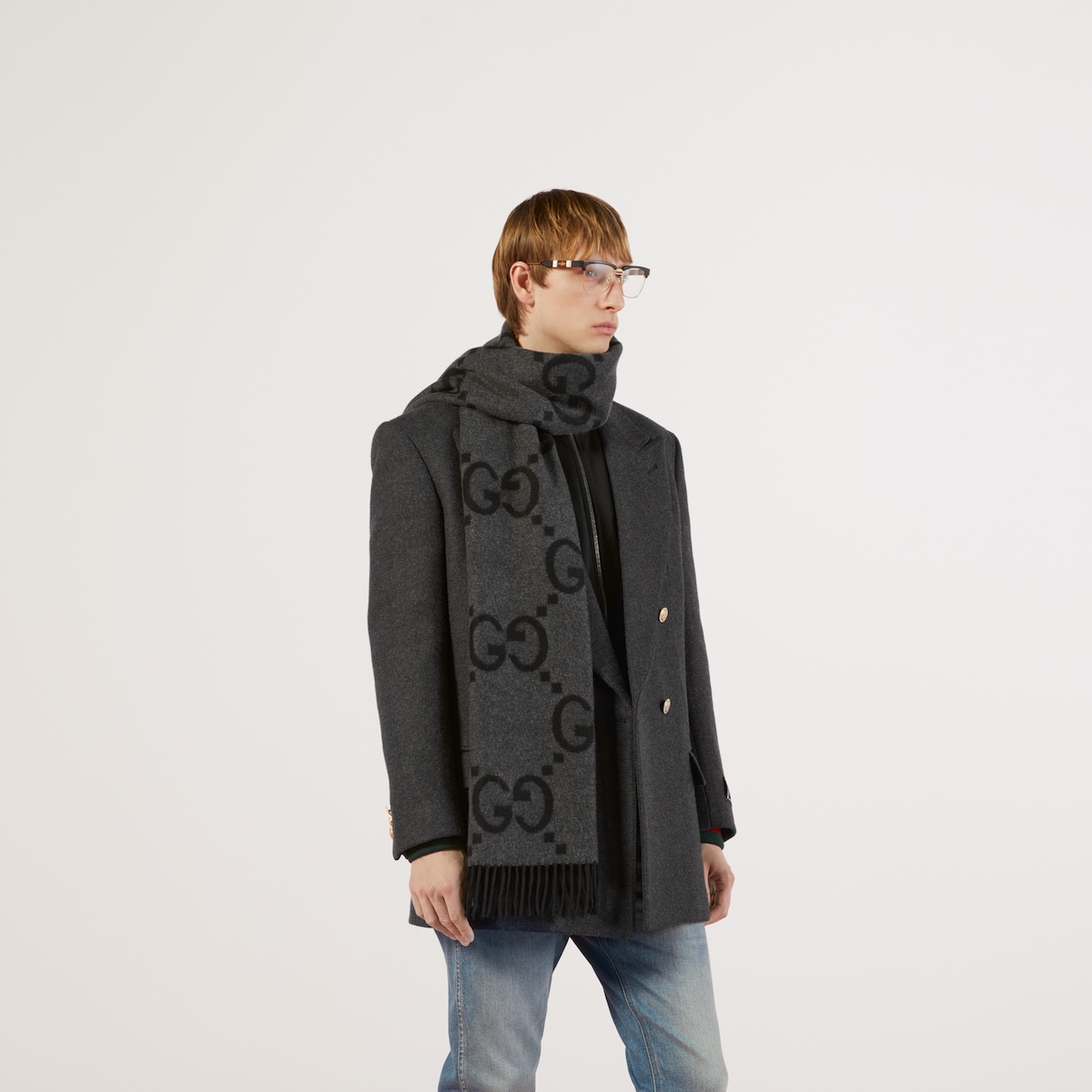 GG cashmere jacquard scarf in grey and black | GUCCI® US