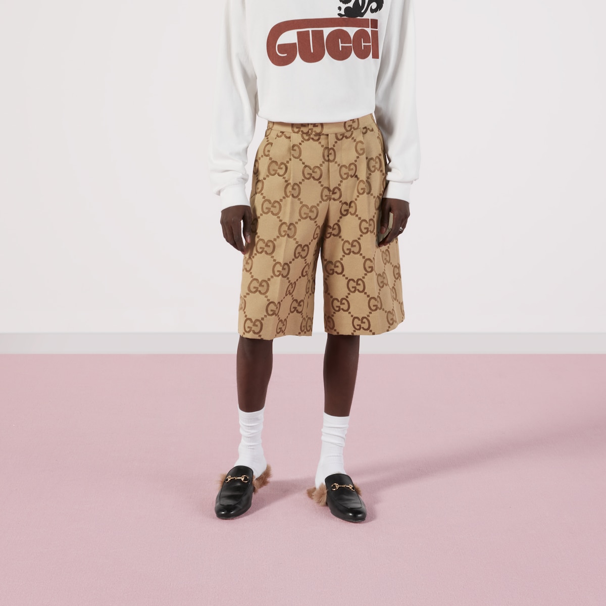 Jumbo GG canvas shorts in beige and ebony GUCCI US