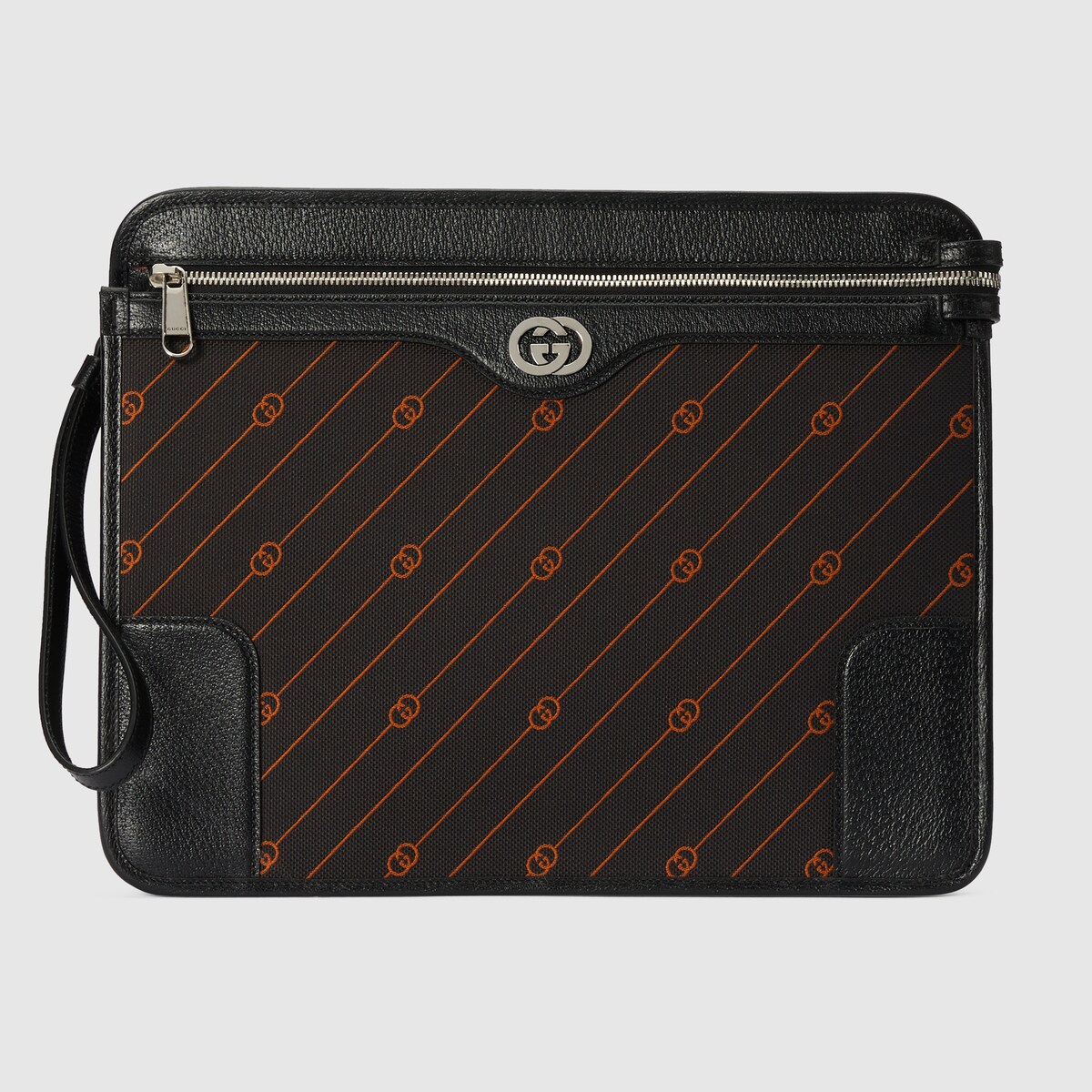 Interlocking medium messenger bag in black and orange fabric