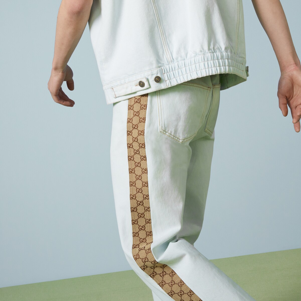 Washed organic denim pant with GG in light blue | GUCCI® US