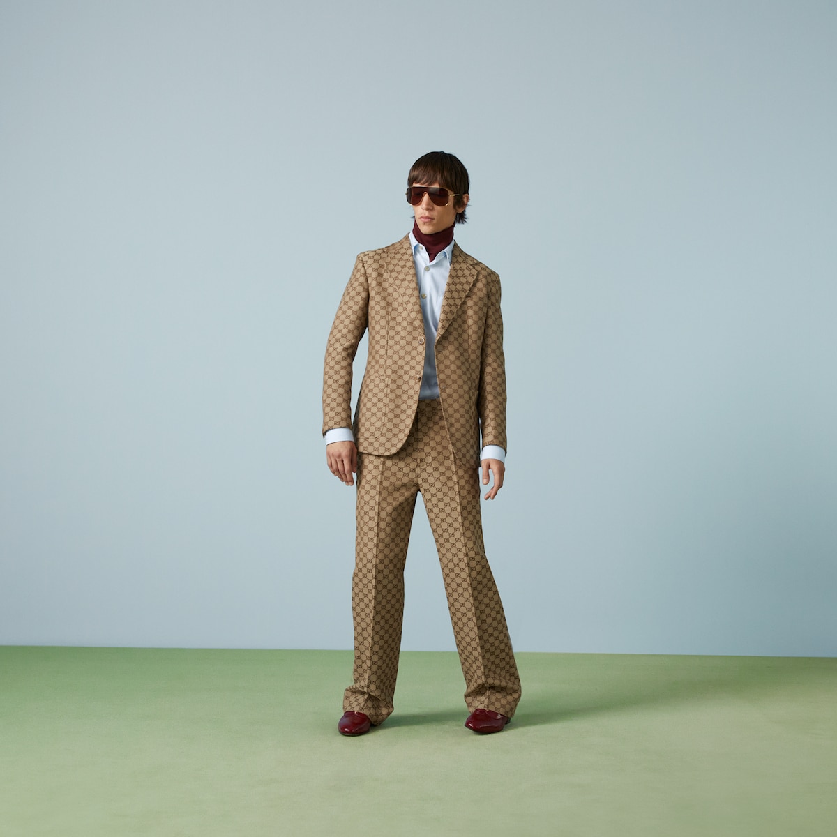 GG linen blend canvas formal jacket in camel and ebony | GUCCI® SG