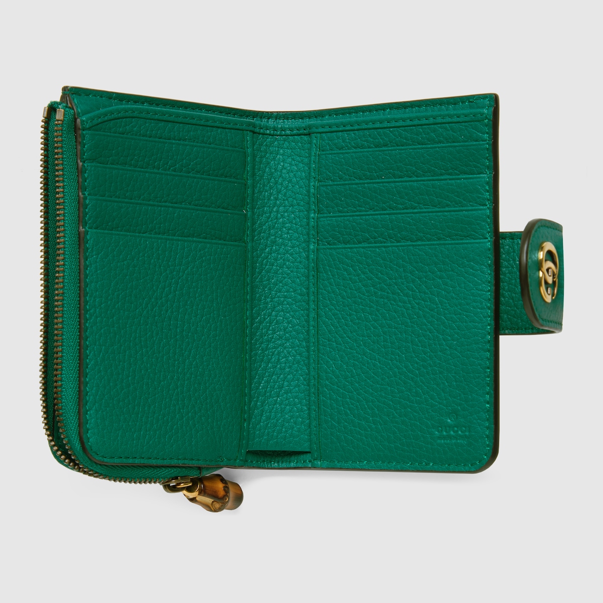 GUCCI バンブー付きダブルGミディアムウォレット グリーンレザー 折り財布 バンブー付き ダブルG ミディアム ウォレット ・エメラルド