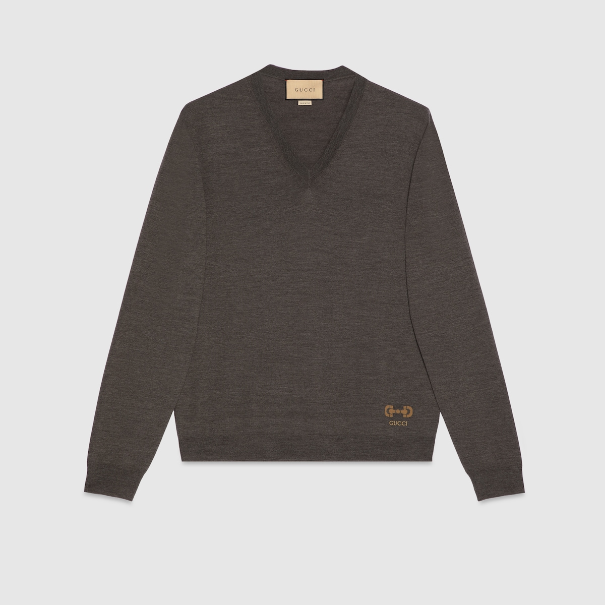 Wool V neck jumper with embroidery in grey GUCCI UK