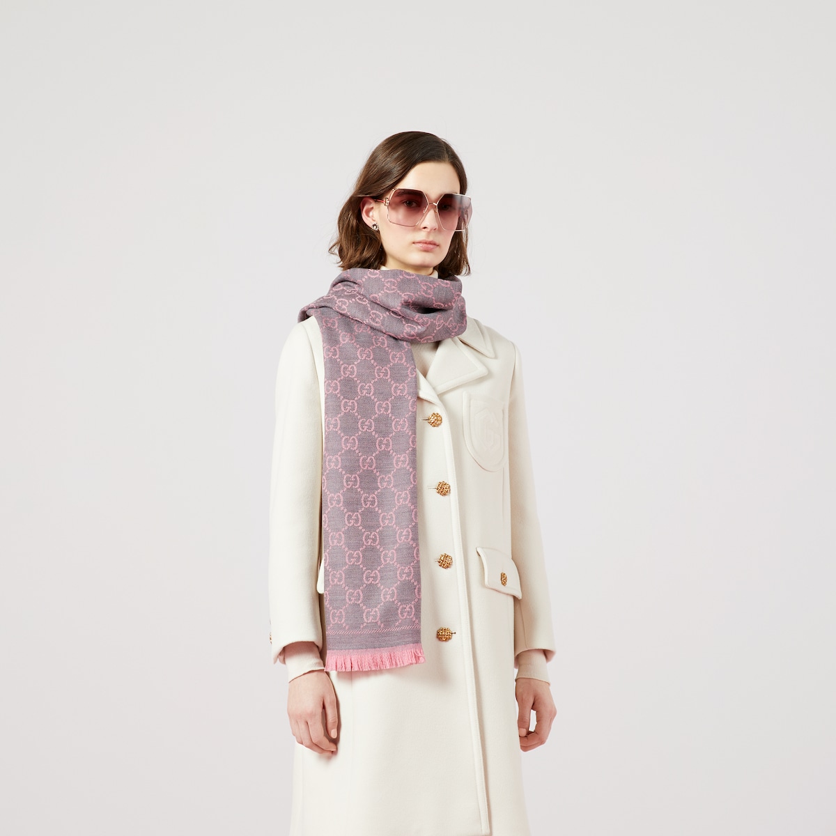 【関税&送料込】Gucci Sciarpa In Lana Gg Scialle in lana e seta jacquard con motivo GG in cammello
