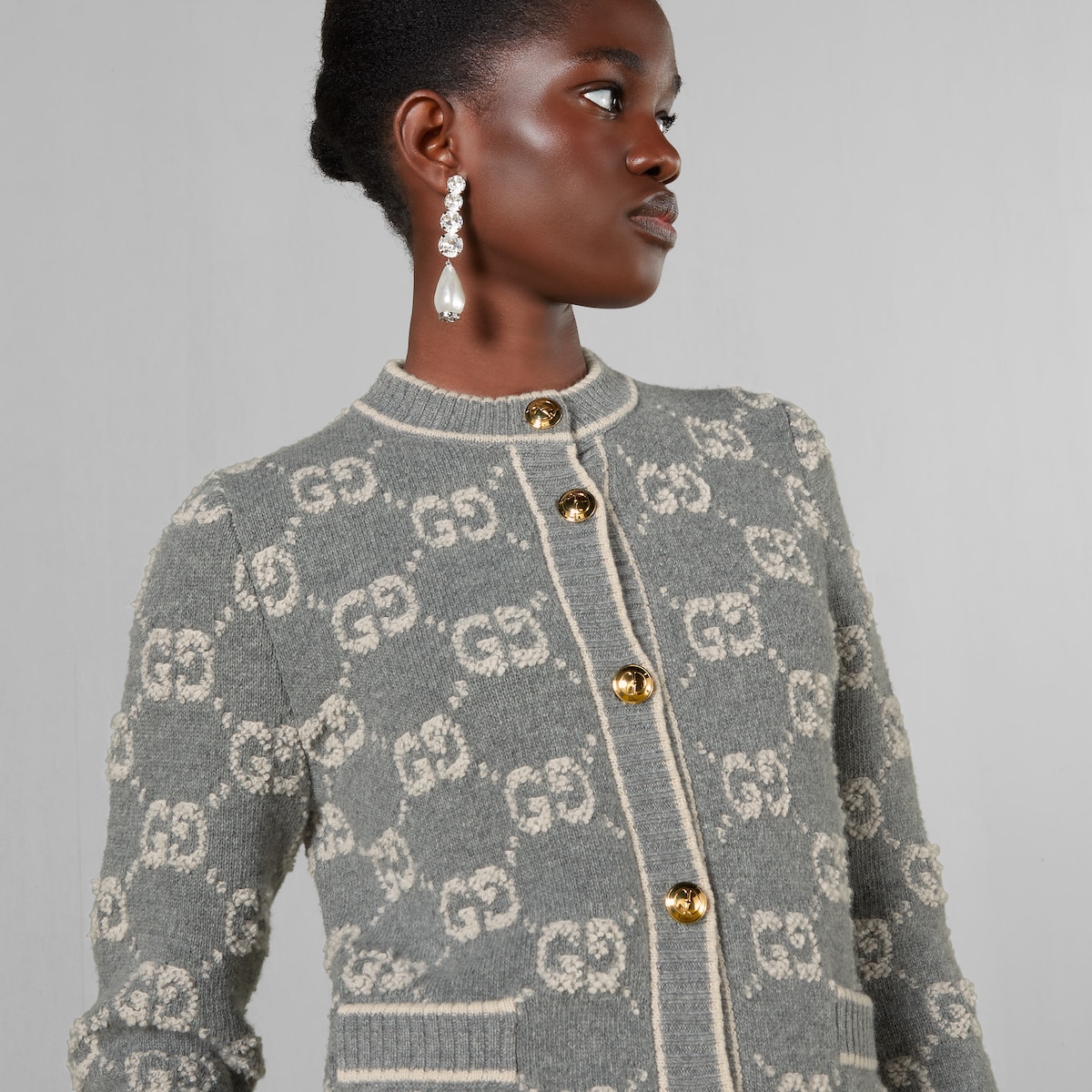 GG wool bouclé jacquard cardigan in grey and ivory | GUCCI® US