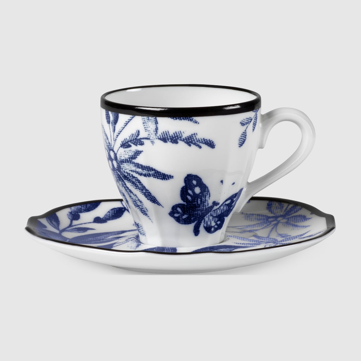 Herbarium coffee cup and saucer, set of two in black and white porcelain - thumbnail 6