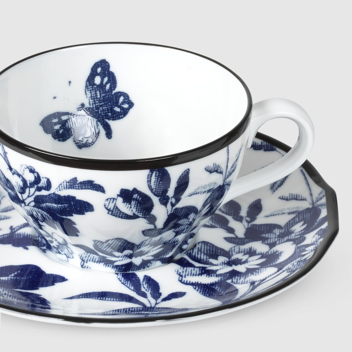 Herbarium teacup and saucer, set of two in blue and white