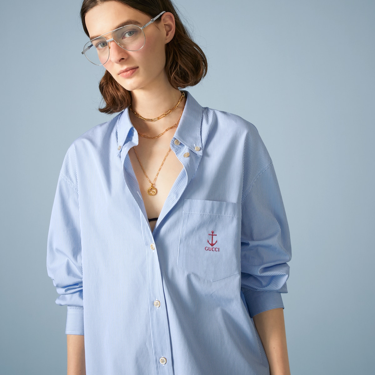 Striped cotton shirt in blue and white | GUCCI® SG