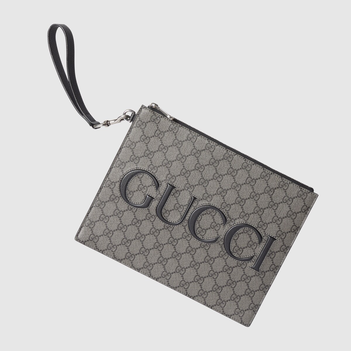 Gucci pouch with strap in grey and black GG Supreme GUCCI US