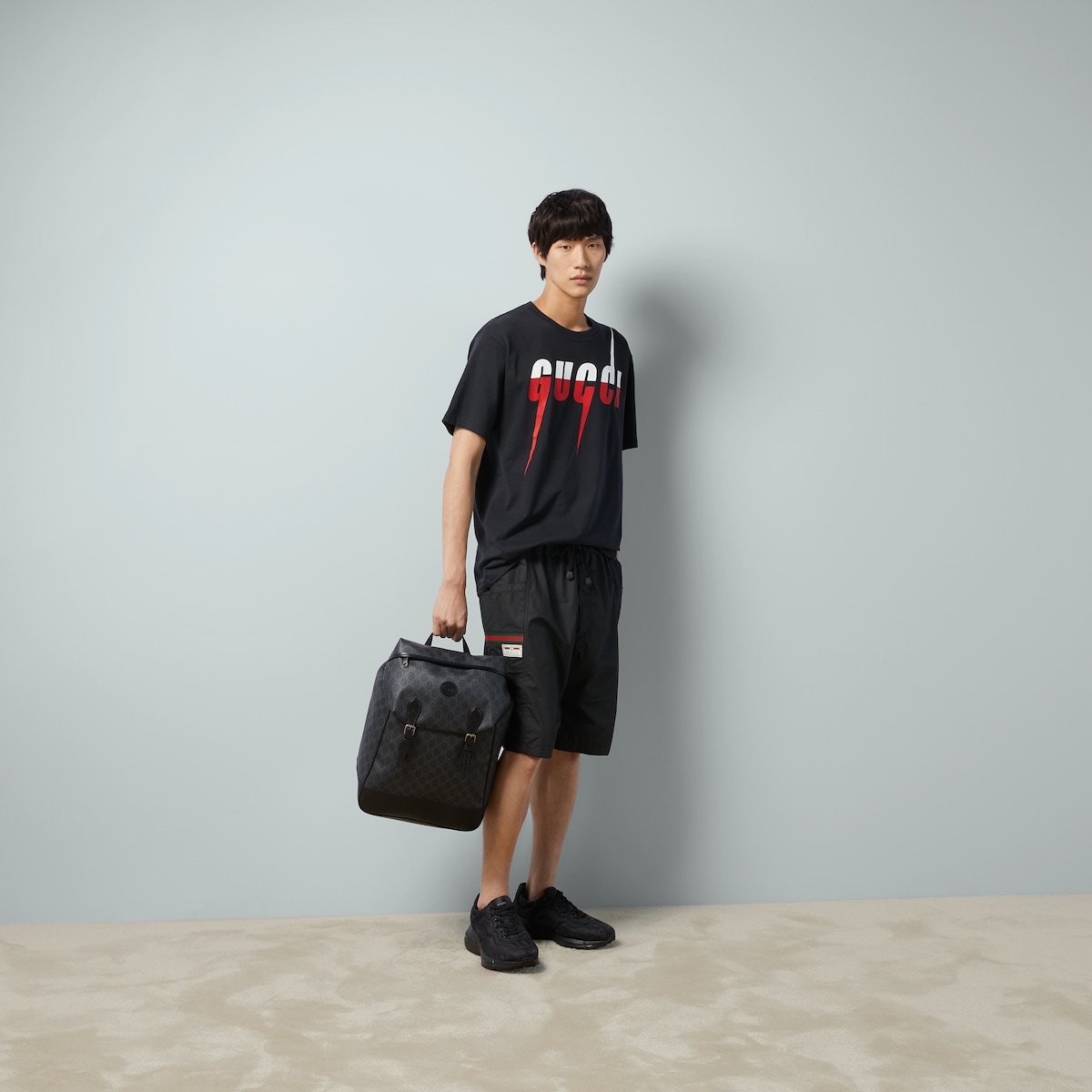 Black Cotton T-Shirt With Gucci Blade Print