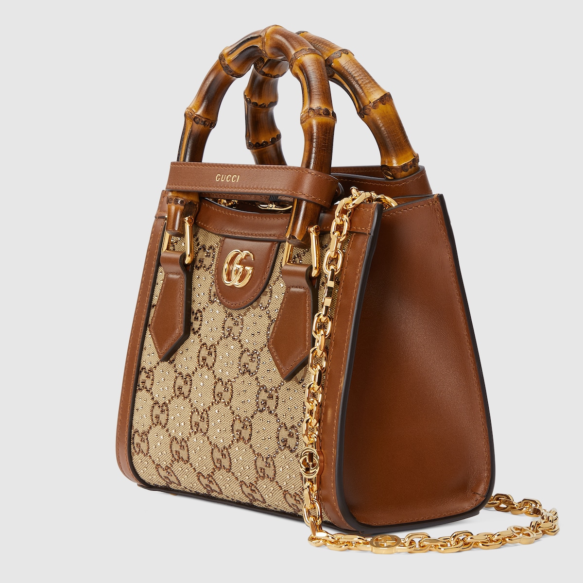 Gucci Diana crystals small tote bag in camel and dark brown GG canvas