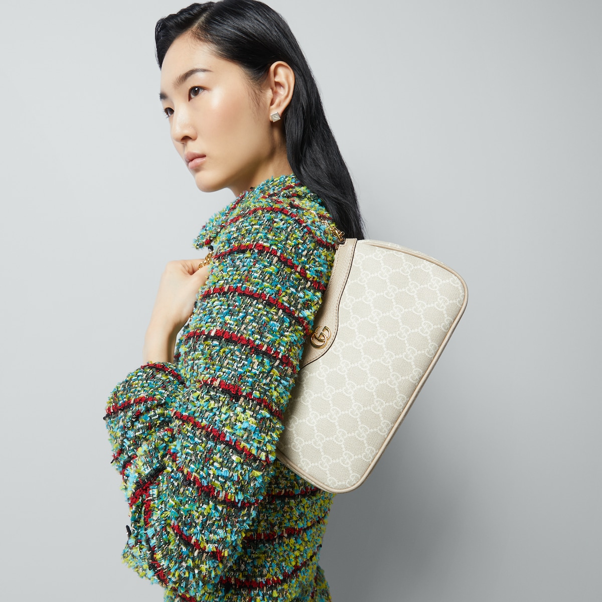 Ophidia small shoulder bag in beige and white GG Supreme