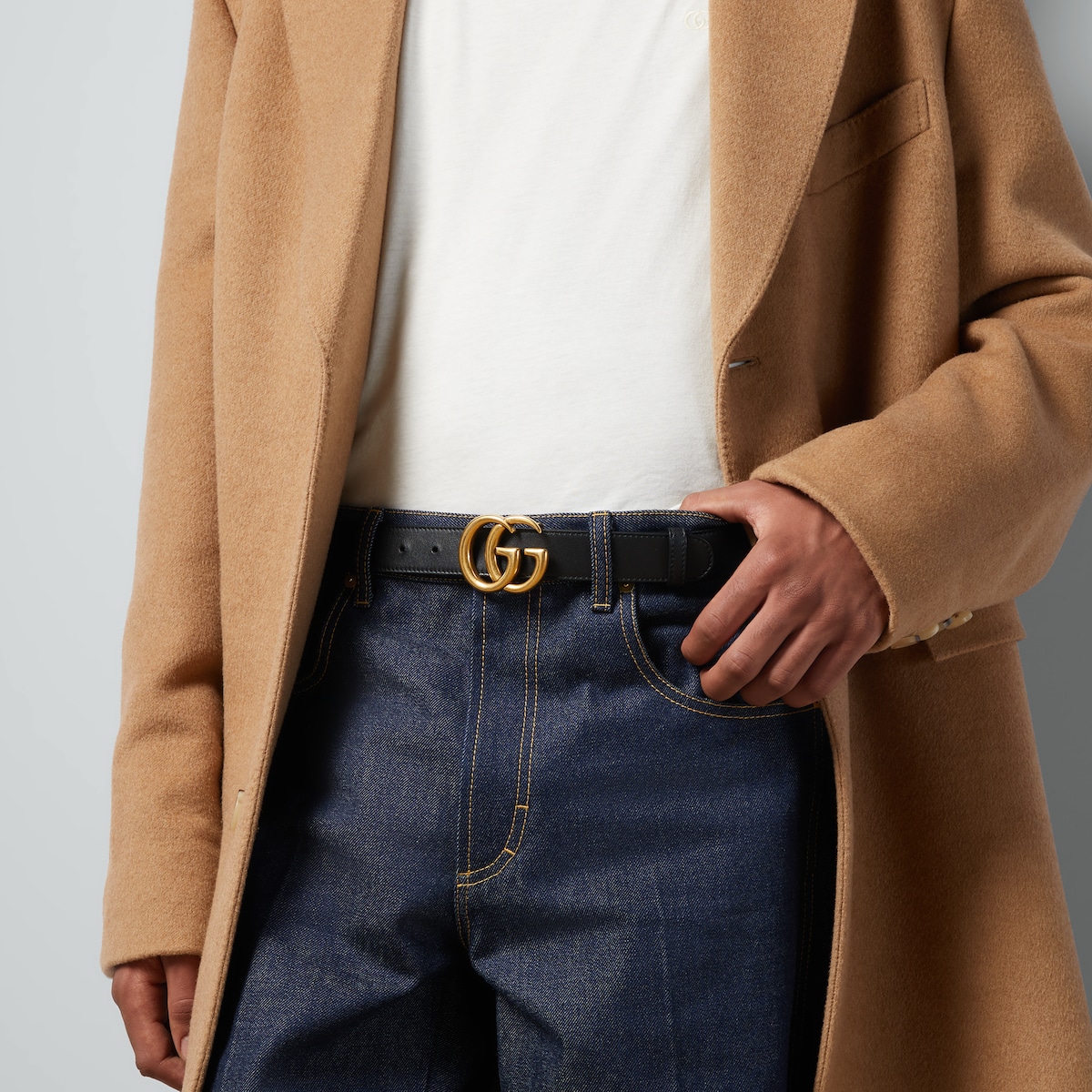 Men's Slim Black Leather Belt With Gold Double G Buckle | GUCCI® US