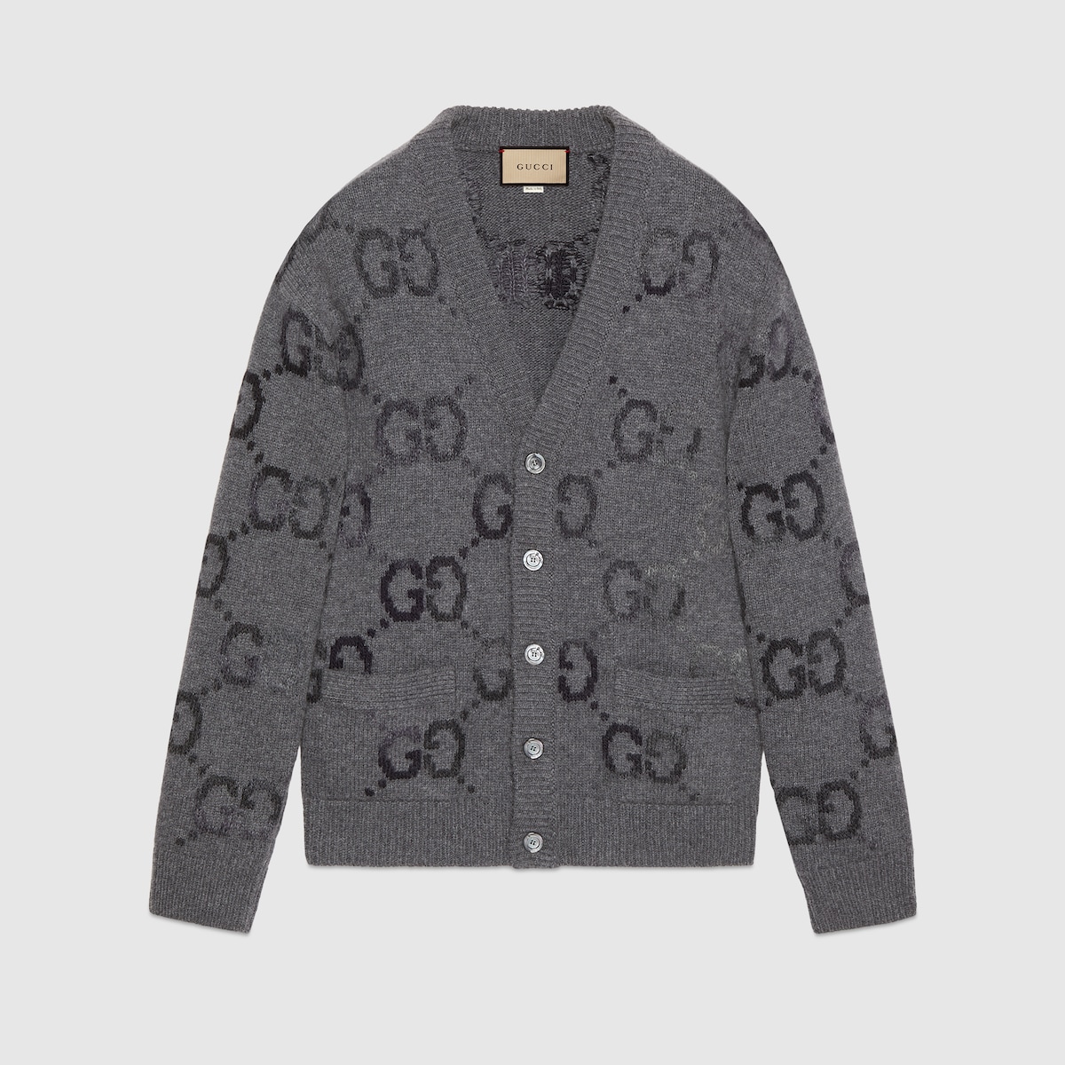 Wool cardigan with GG intarsia in grey | GUCCI® US
