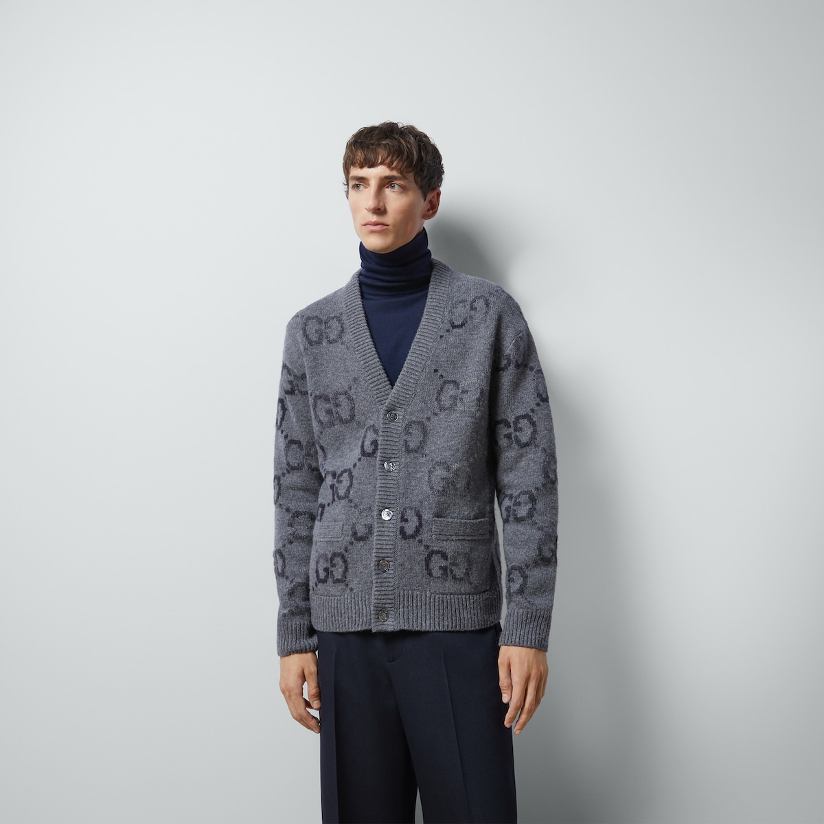 GG インターシャ ウール カーディガン ・グレー | GUCCI公式