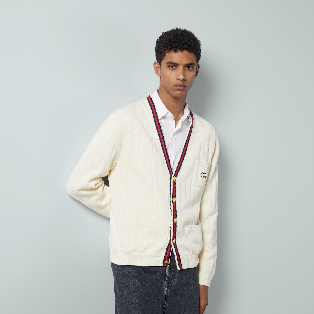 Knit cotton V-neck cardigan with Web in ivory | GUCCI® US