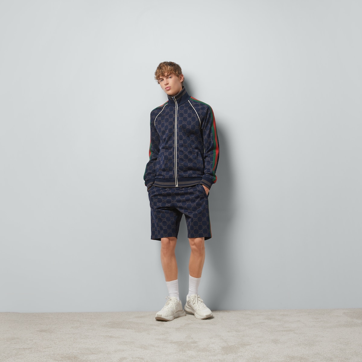 ⭕Gucci GG Monogram Jersey shortpants GG jersey cotton jogging shorts in dark blue and grey | GUCCI® US