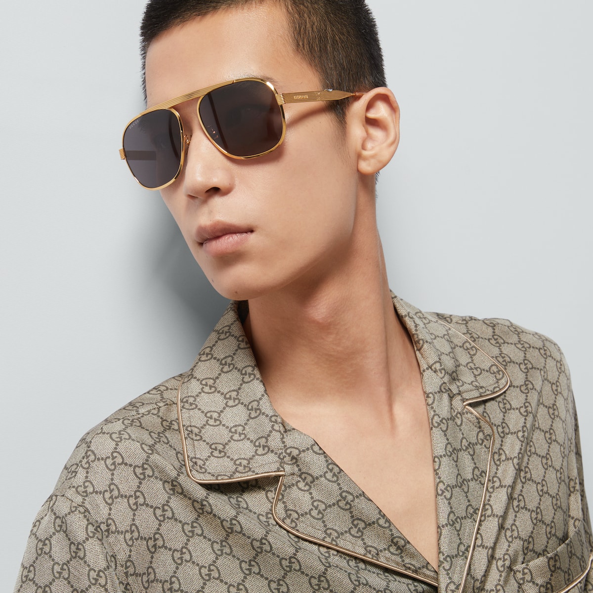 GG printed silk shirt in beige and ebony | GUCCI® US