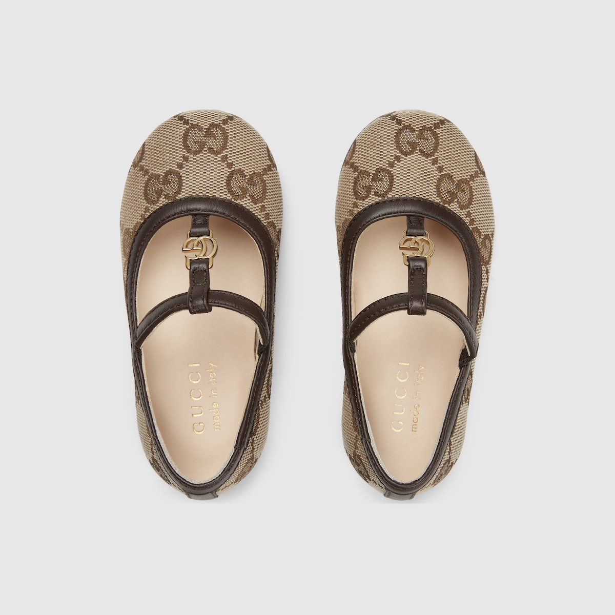 Toddler Double G ballet flat in beige and ebony GG canvas GUCCI Canada