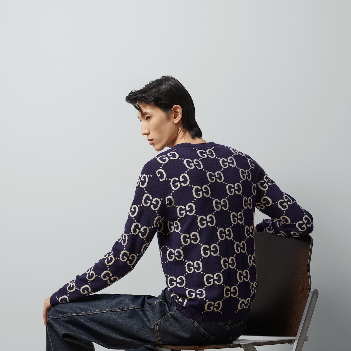 GG wool jacquard sweater in blue and ivory | GUCCI® US