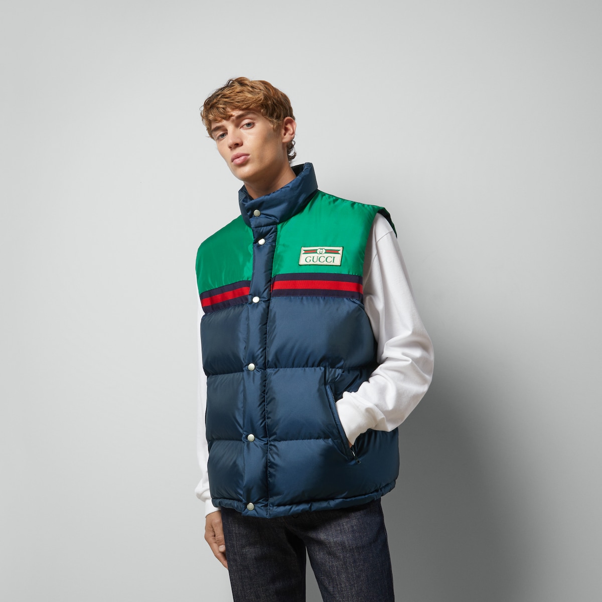 Nylon satin padded vest in dark blue | GUCCI® US