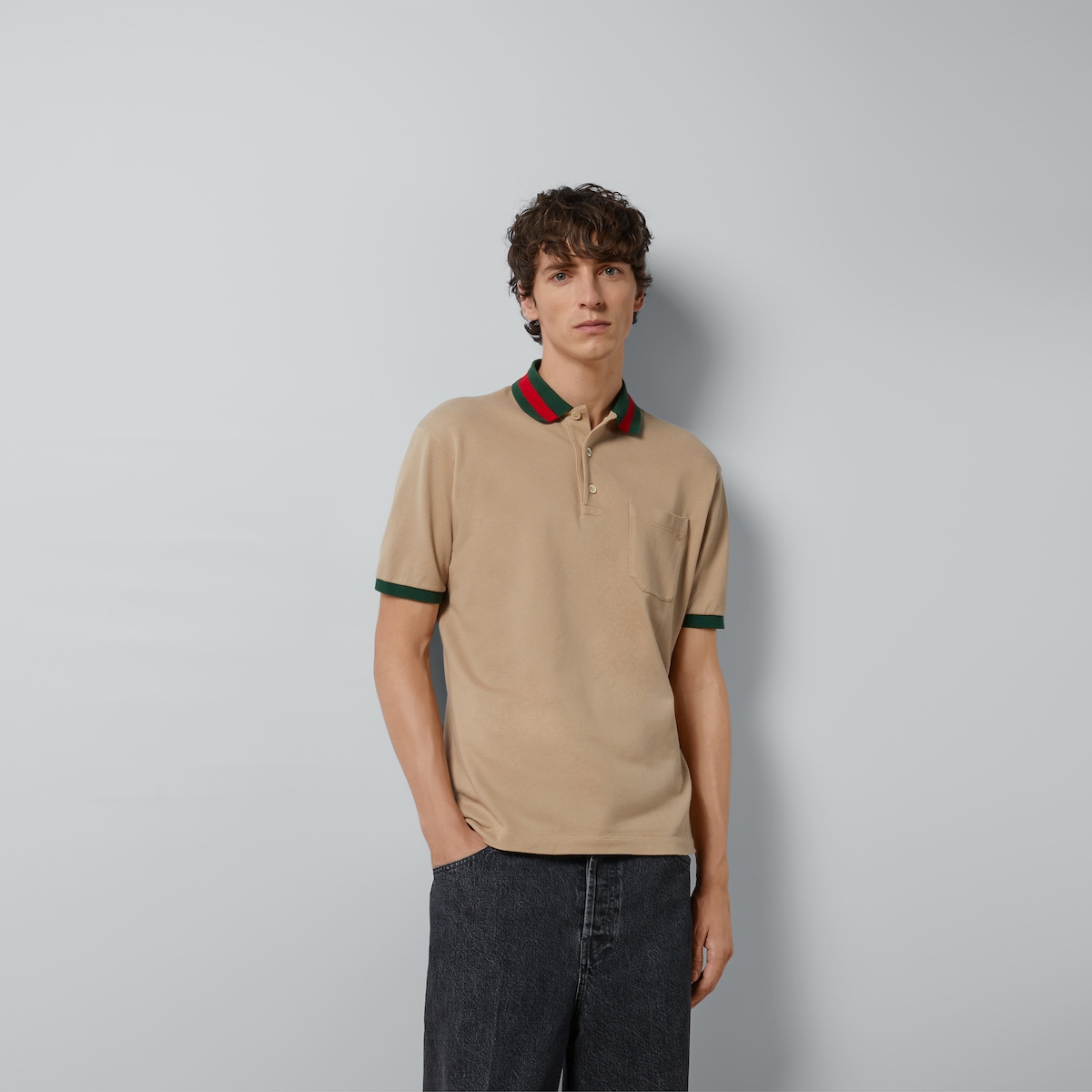 Cotton piquet polo with Web collar in beige | GUCCI® US