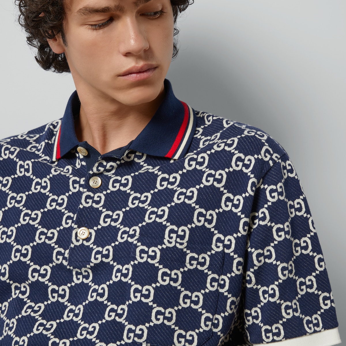 GG cotton jersey jacquard polo shirt in blue and ivory | GUCCI® UK