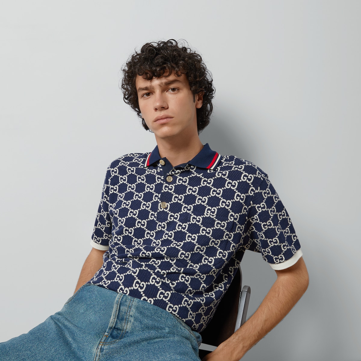 Tシャツ・カットソー GUCCI SS25 GG jacquard polo shirt (806242XJG5Q 9000) GG cotton jersey jacquard polo shirt in blue and ivory