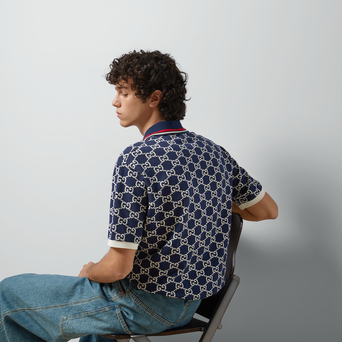 GG cotton jersey jacquard polo shirt in blue and ivory