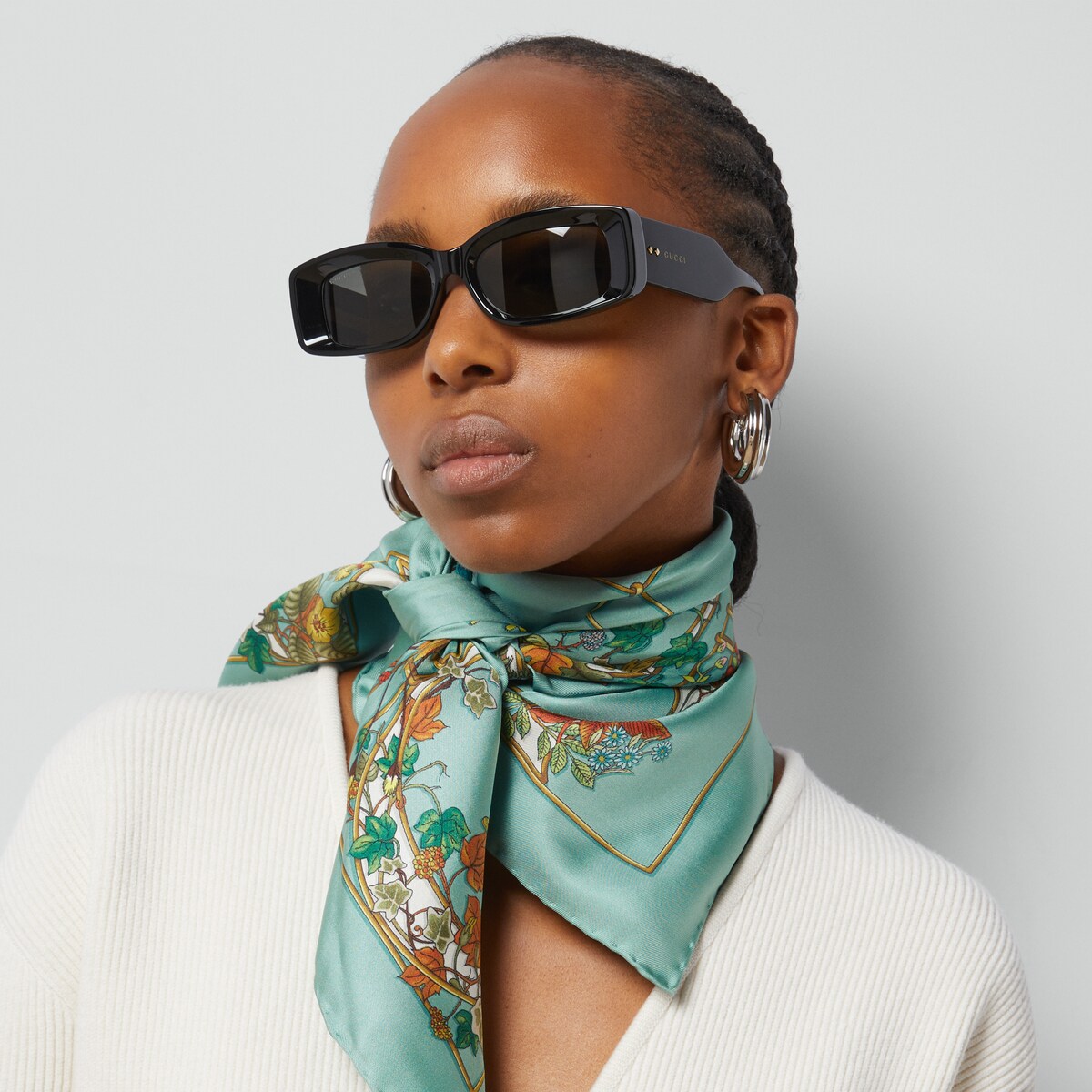 Animal and floral print silk carr in green and multicolour