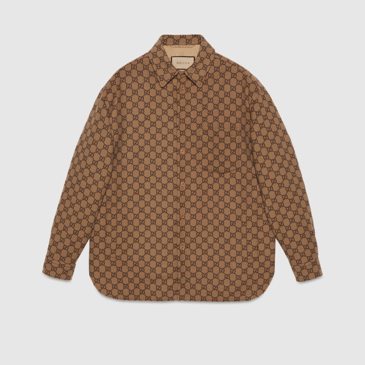 GG wool flannel padded overshirt in camel and ebony | GUCCI® US gg-wool-flannel-padded-overshirt-in-camel-and-ebony-gucci-us