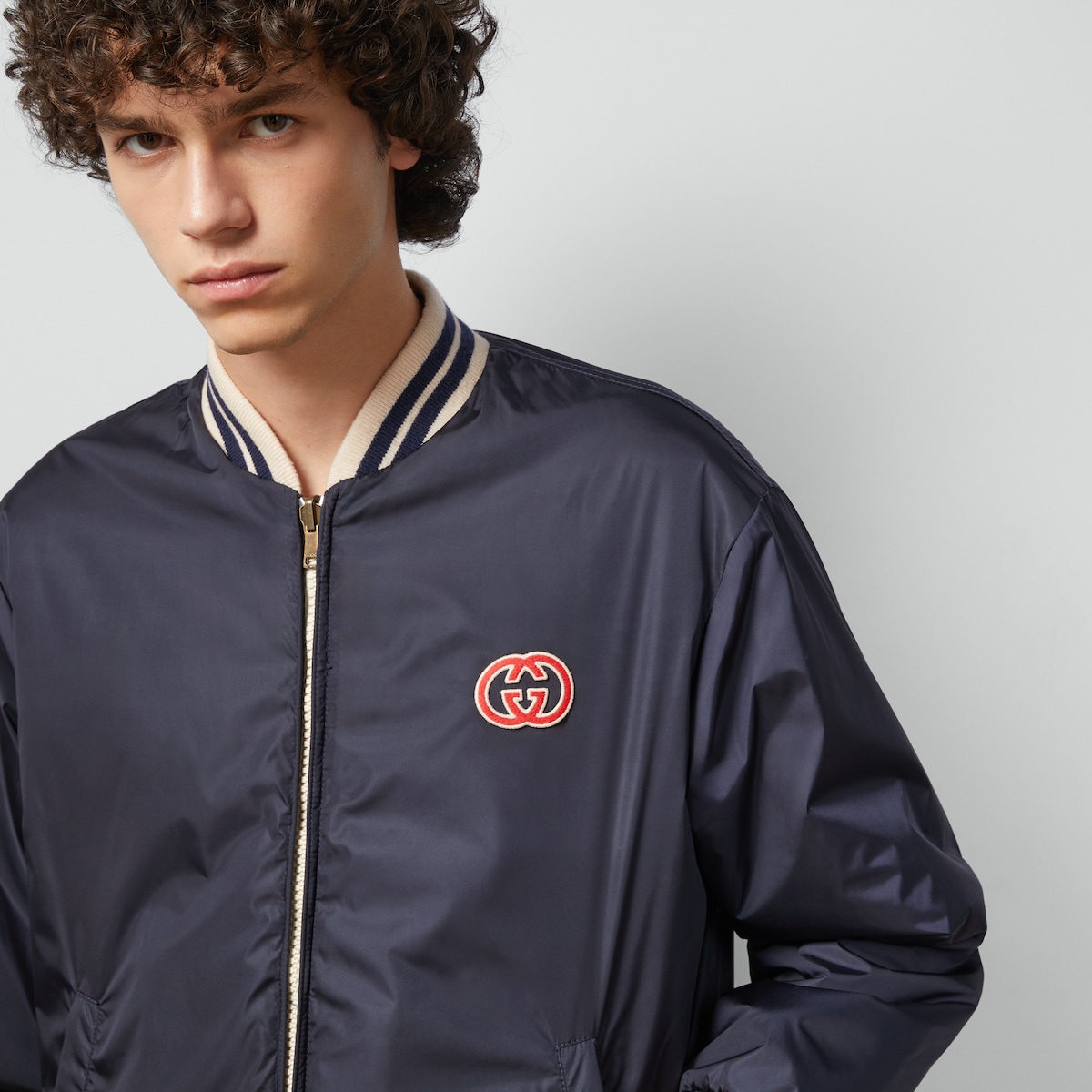 Reversible nylon canvas jacket in dark blue | GUCCI® US