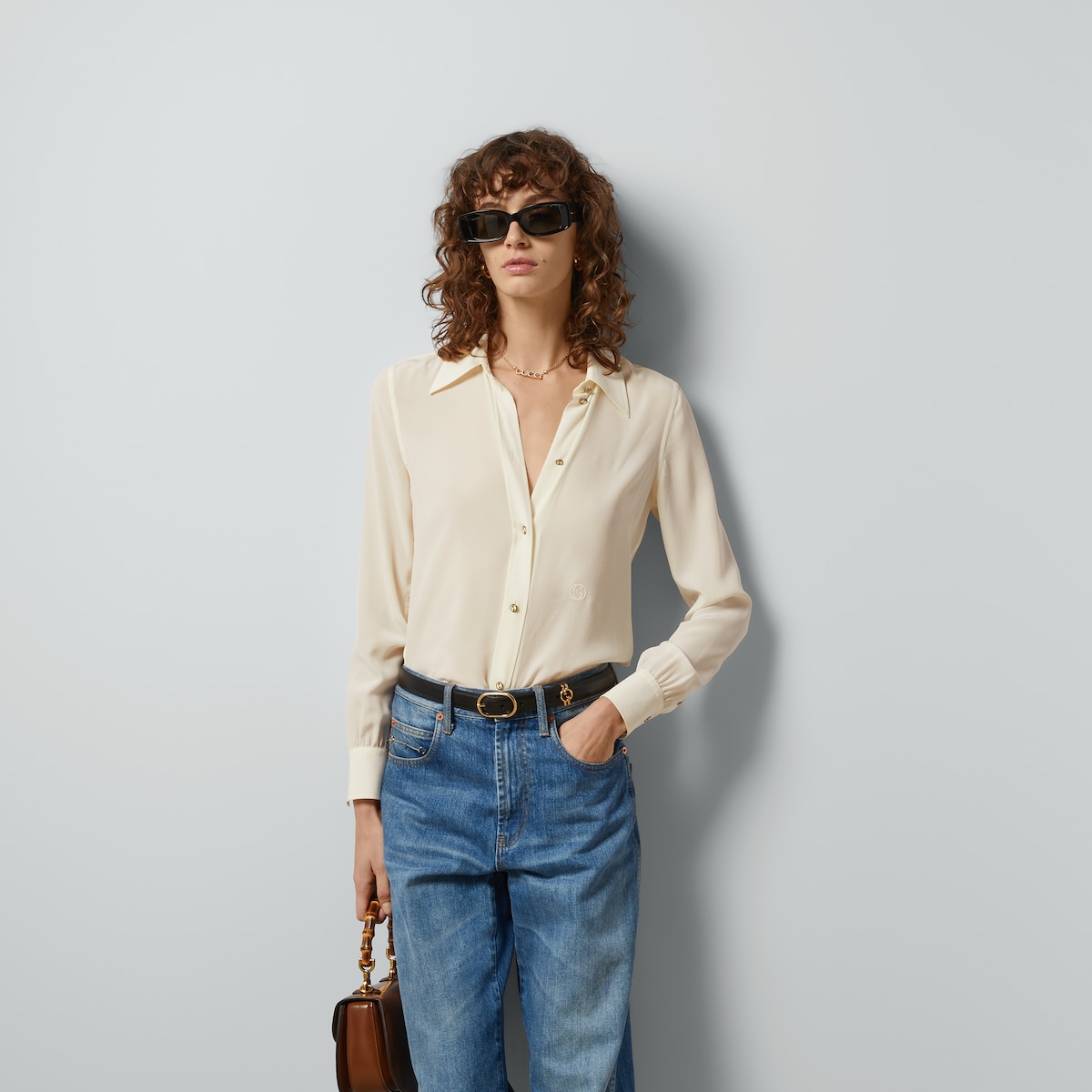 ◆GUCCI◆ GGプリント シルクツイル クロップトップ Camel GUCCI GG Supreme cropped printed silk-twill top | NET-A-PORTER