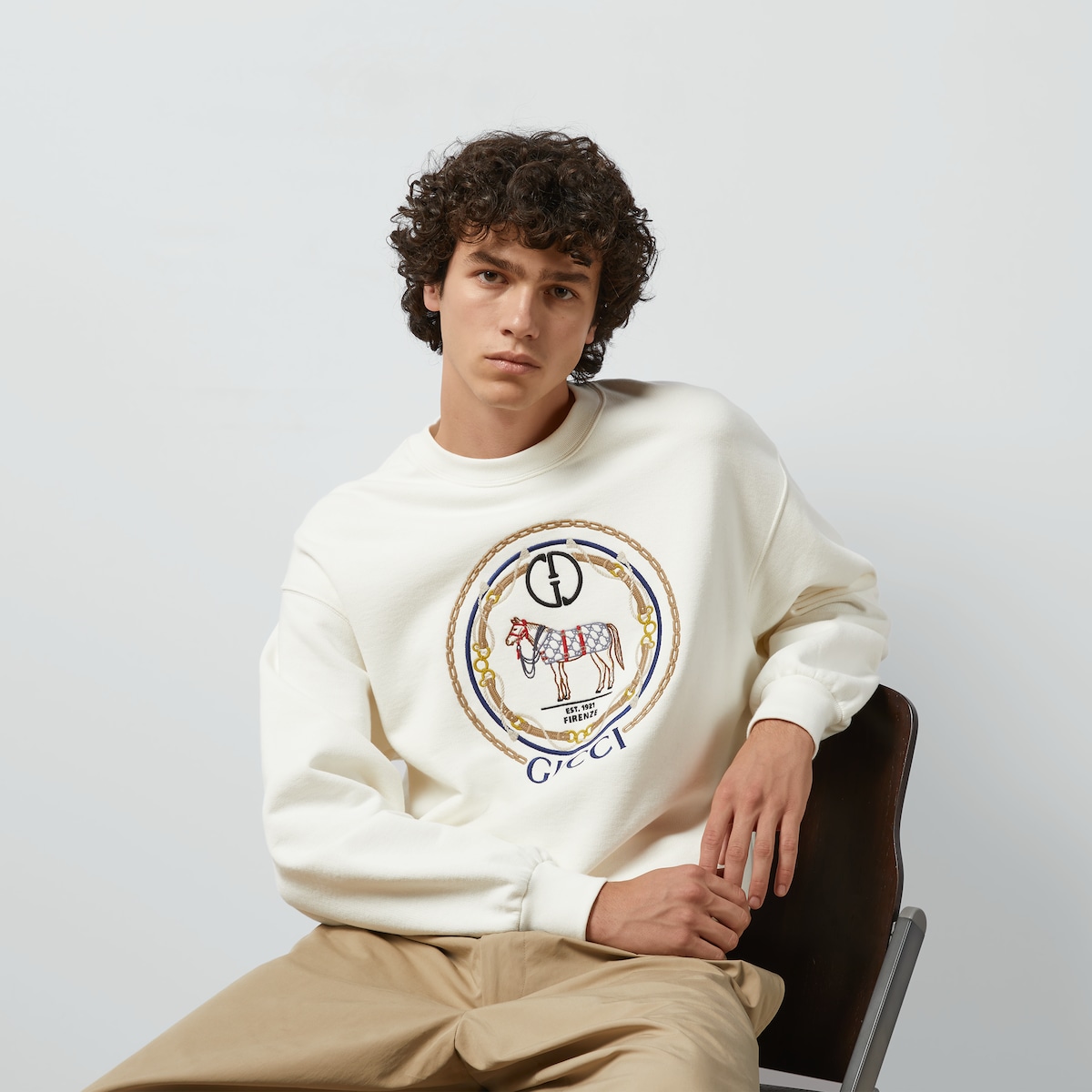 GUCCI★Felpa in jersey di cotone stampato Felpa in jersey di cotone con ricamo in color gesso | GUCCI® IT