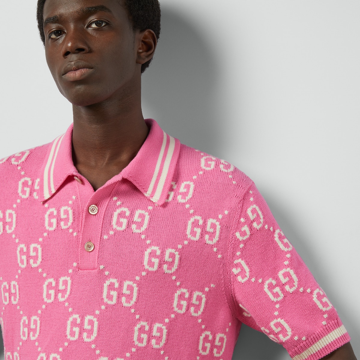 GG cotton intarsia polo in pink and ivory | GUCCI® US