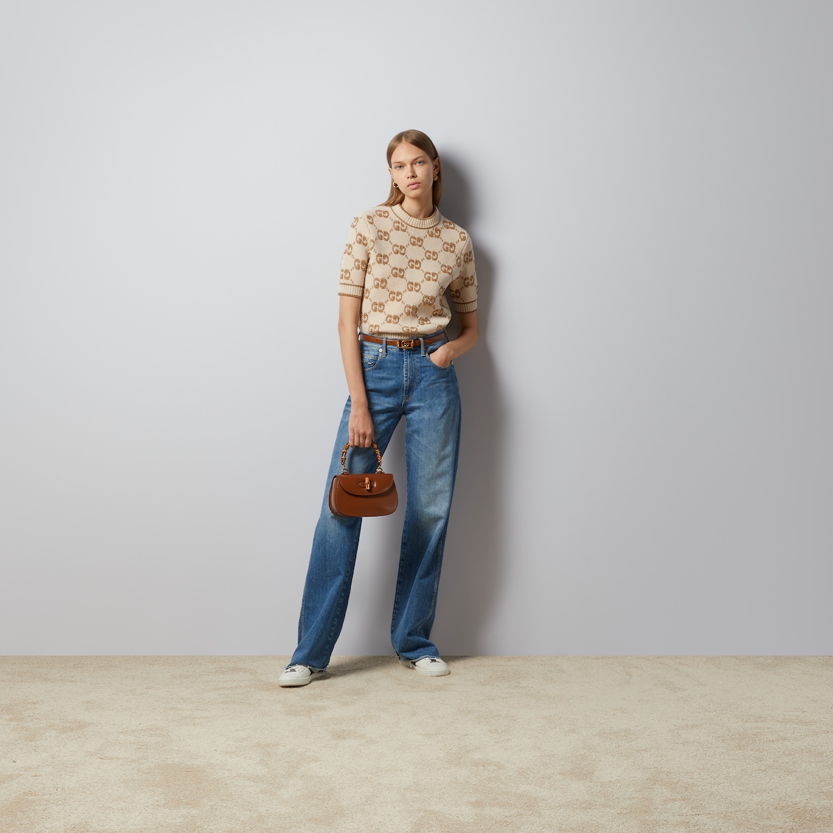 GG wool bouclé jacquard top in ivory and camel | GUCCI® US