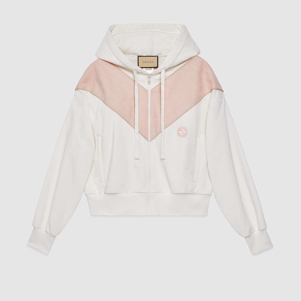 Cotton jersey zip sweatshirt with patch in off white and pink  