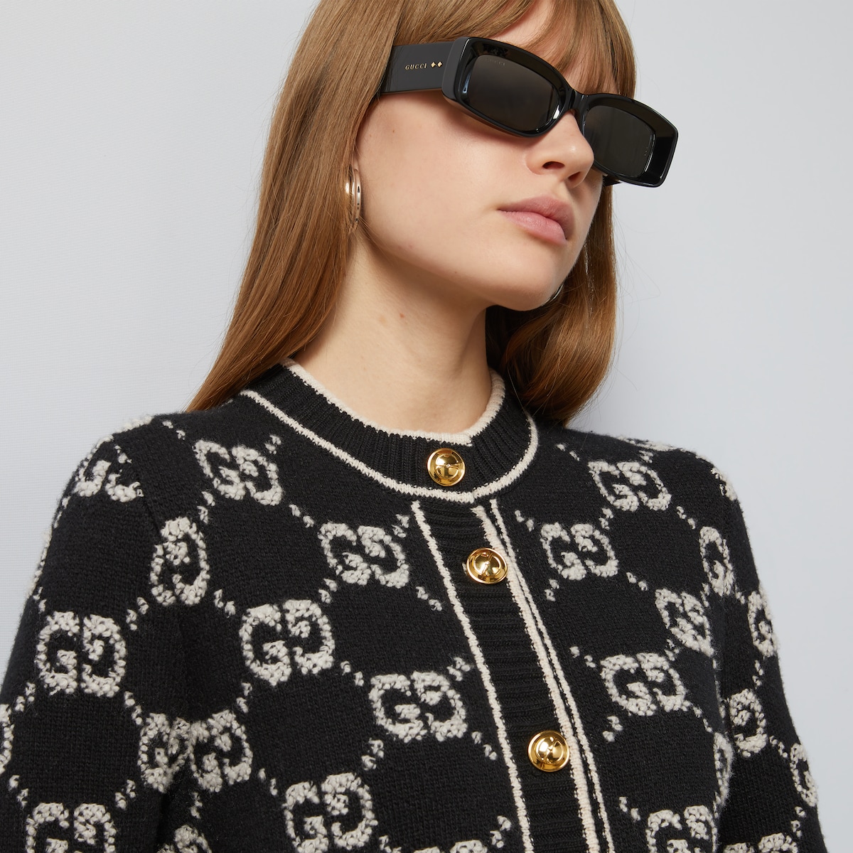 カーディガン Gucci Black Wool Blend Cardigan GUCCI Checked metallic jacquard-knit wool-blend cardigan