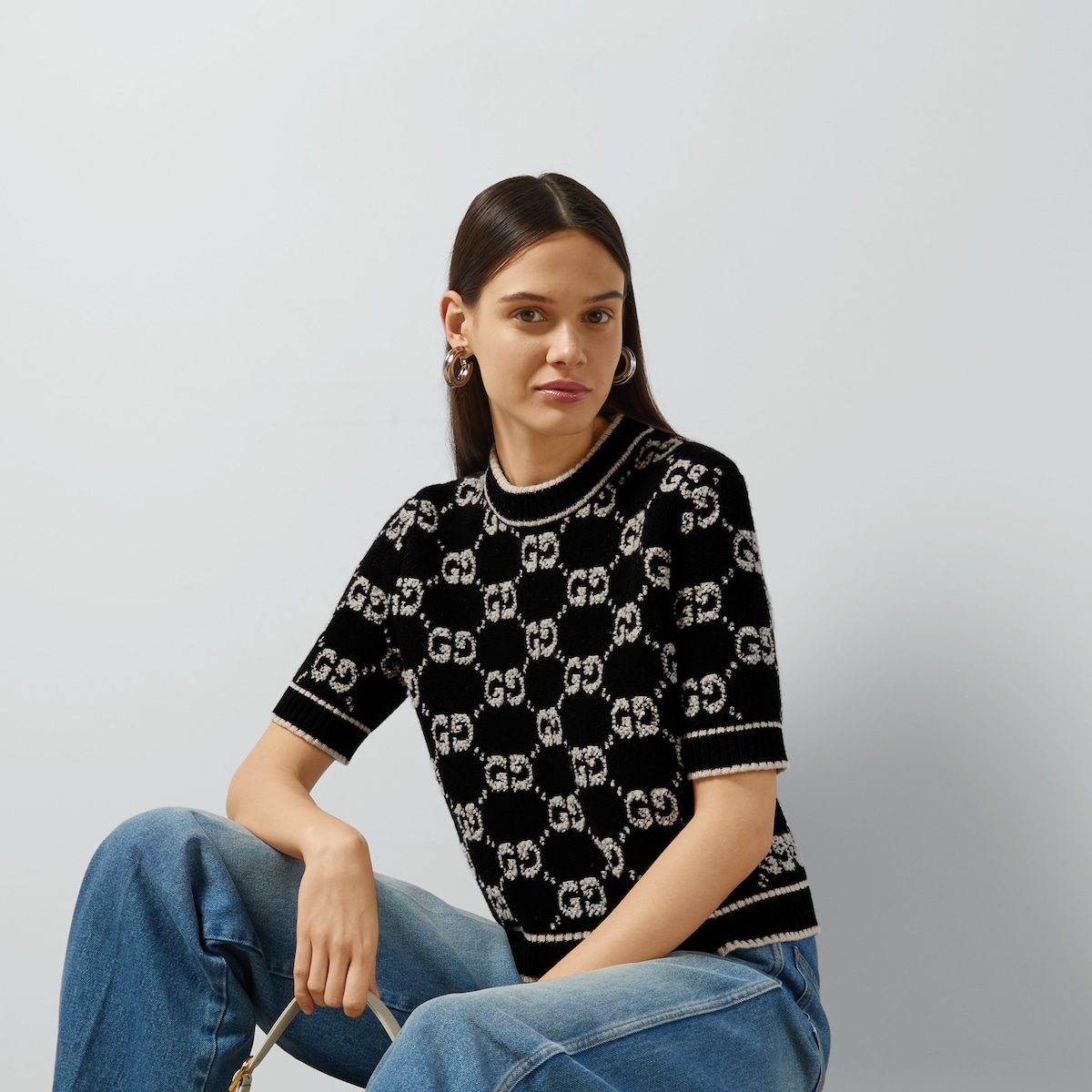 GG wool bouclé jacquard top in black and ivory | GUCCI® US