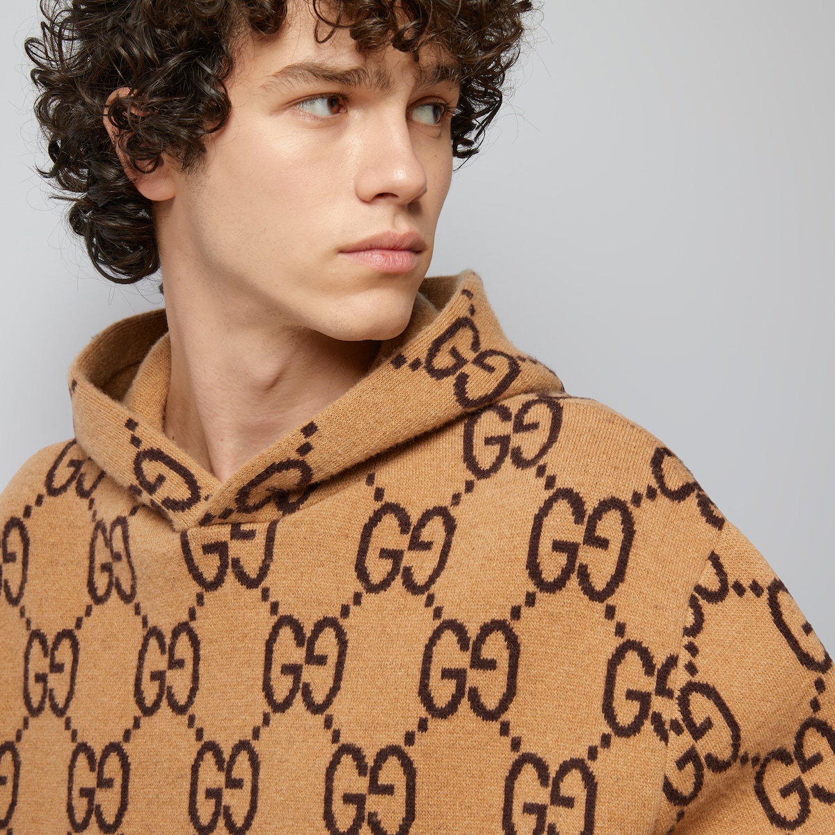 GG wool hooded sweatshirt in camel and ebony GUCCI BE