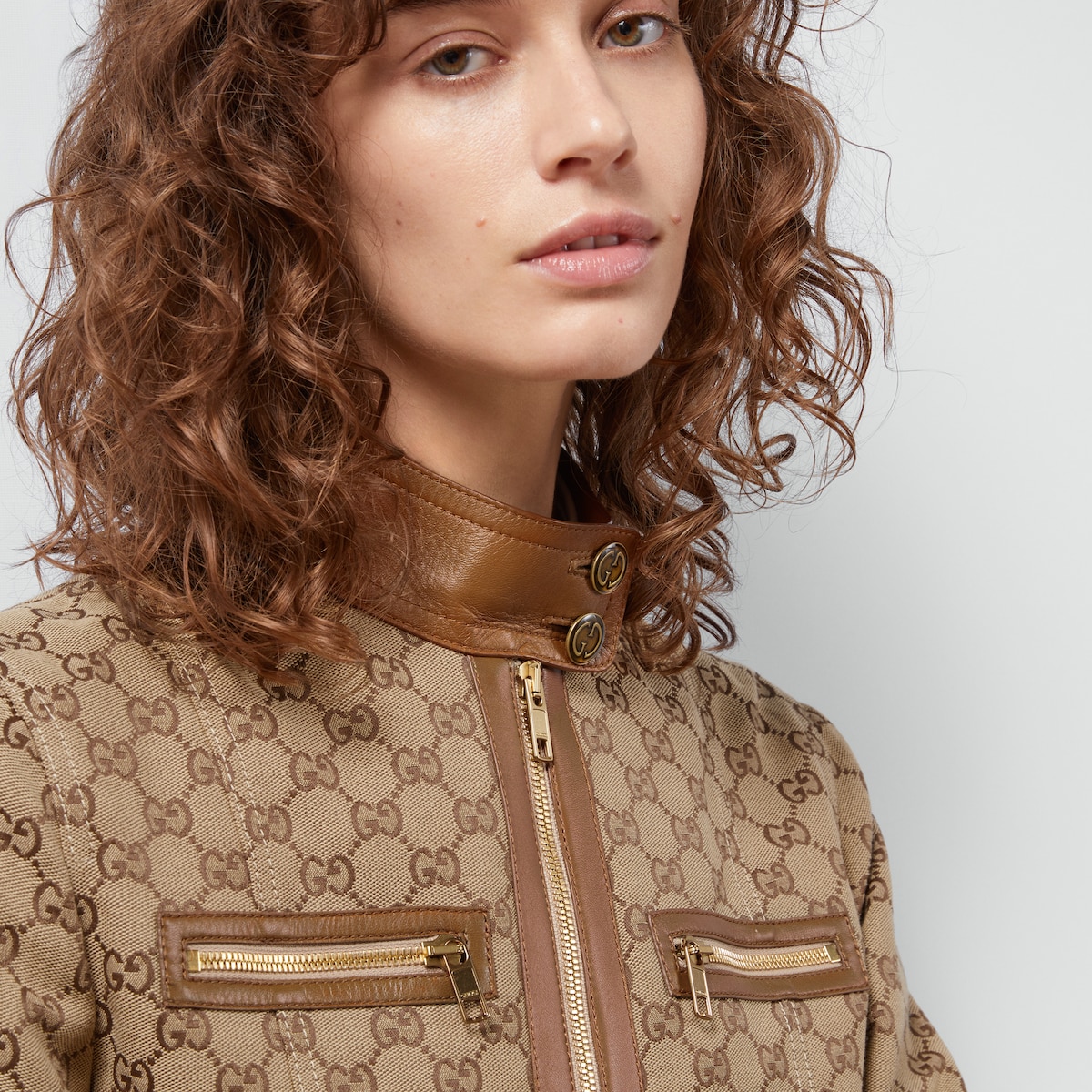 GG canvas jacket with leather trim in beige and ebony