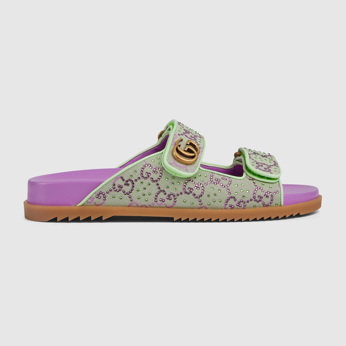 Women s sandal with Double G in purple and green GG Crystal canvas GUCCI DK