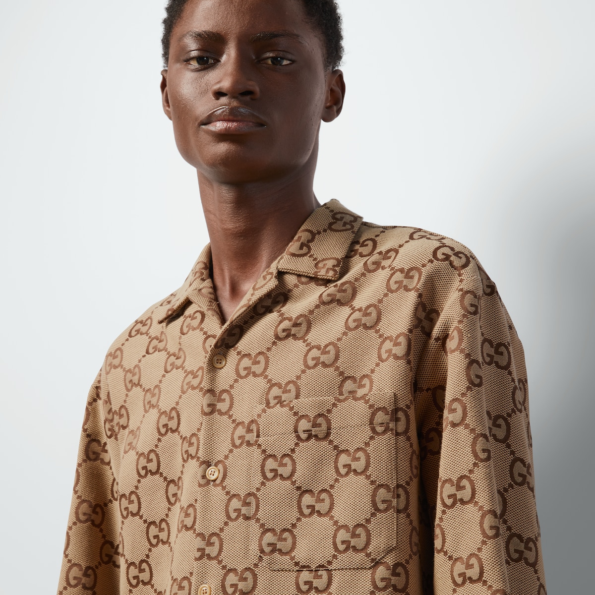 Maxi GG canvas shirt in camel and brown | GUCCI® US