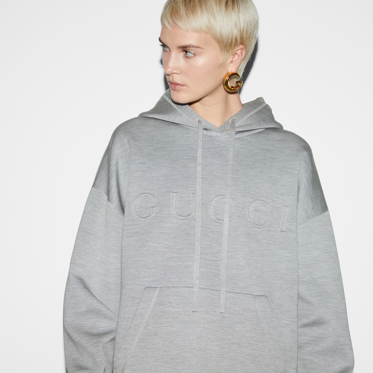 Extra fine knit hooded sweater in light grey melange | GUCCI® US