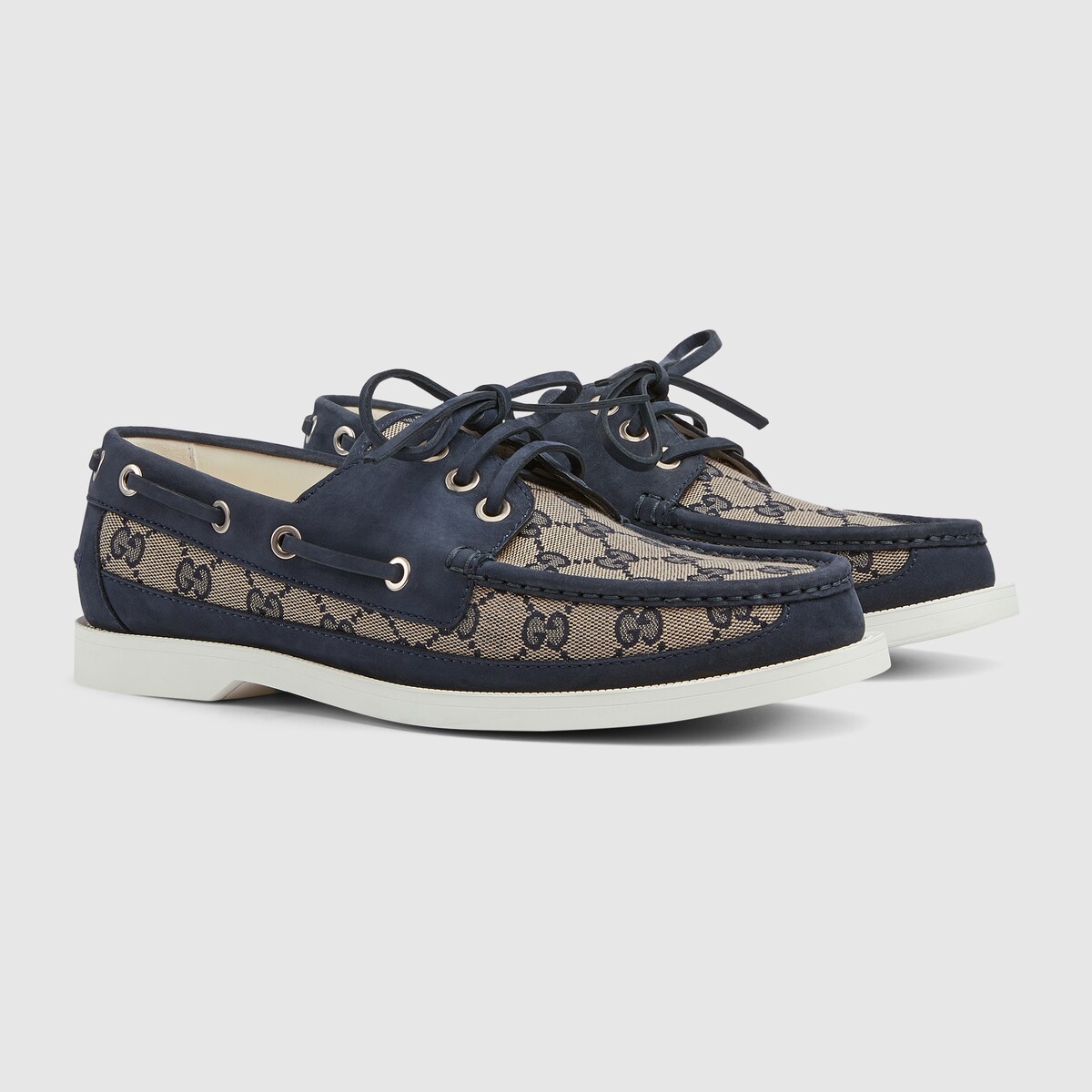 Men's Original GG lace-up loafer in beige and blue canvas | GUCCI® US