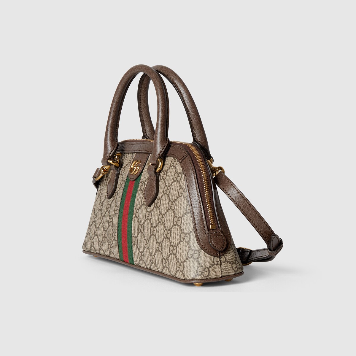 OPHIDIA 31 SMALL TOP HANDLE BAG IN BEIGE CANVAS AND BROWN CALFSKIN
