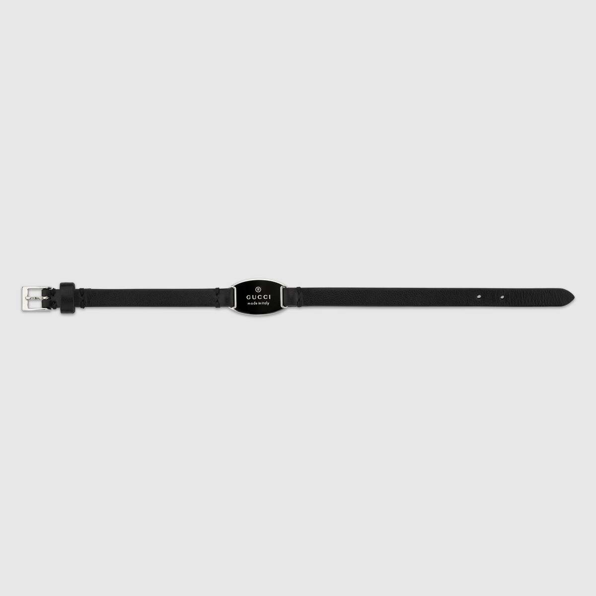 Trademark leather bracelet with tag in black leather, silver | GUCCI® US