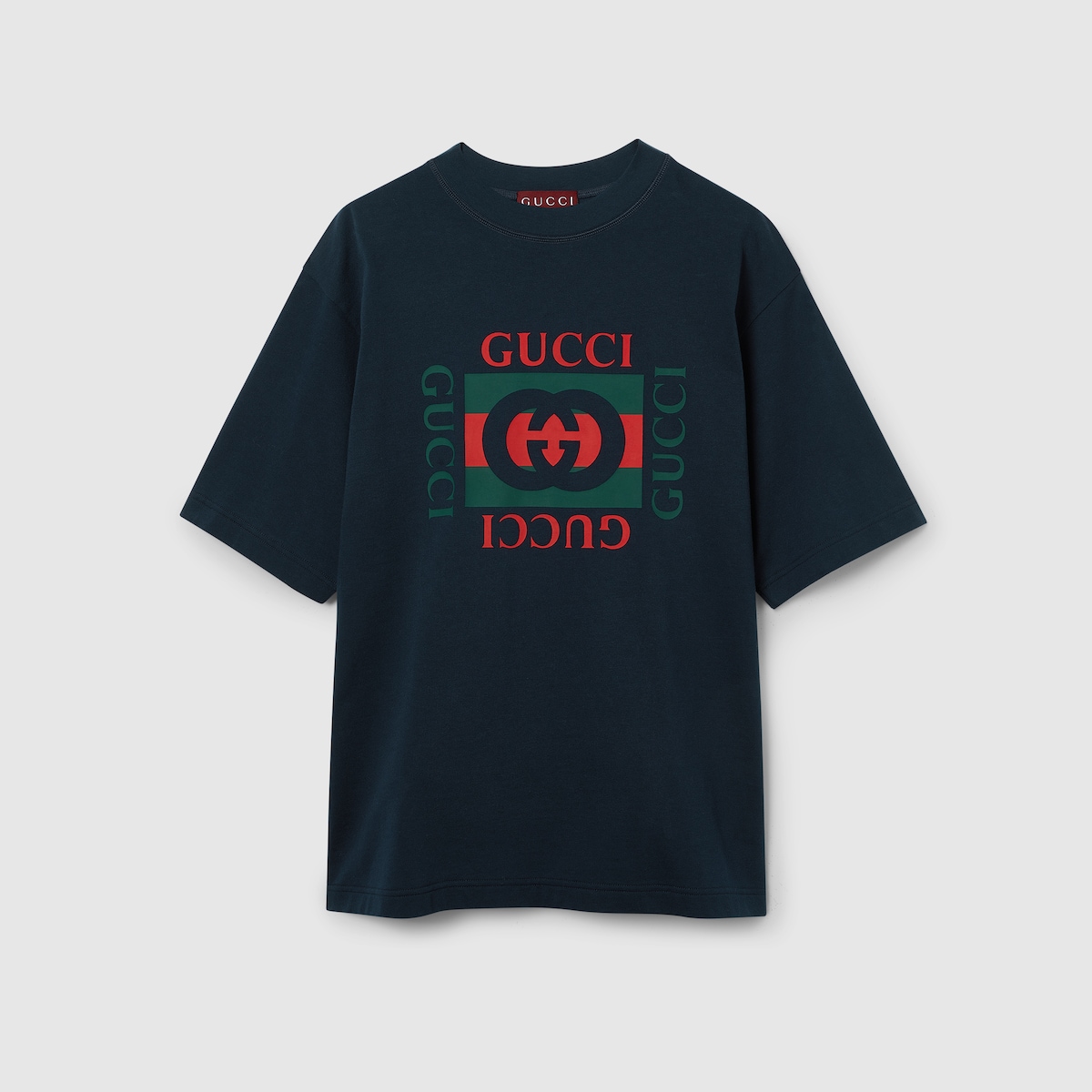 T-shirt in jersey di cotone con stampa Gucci in blu navy