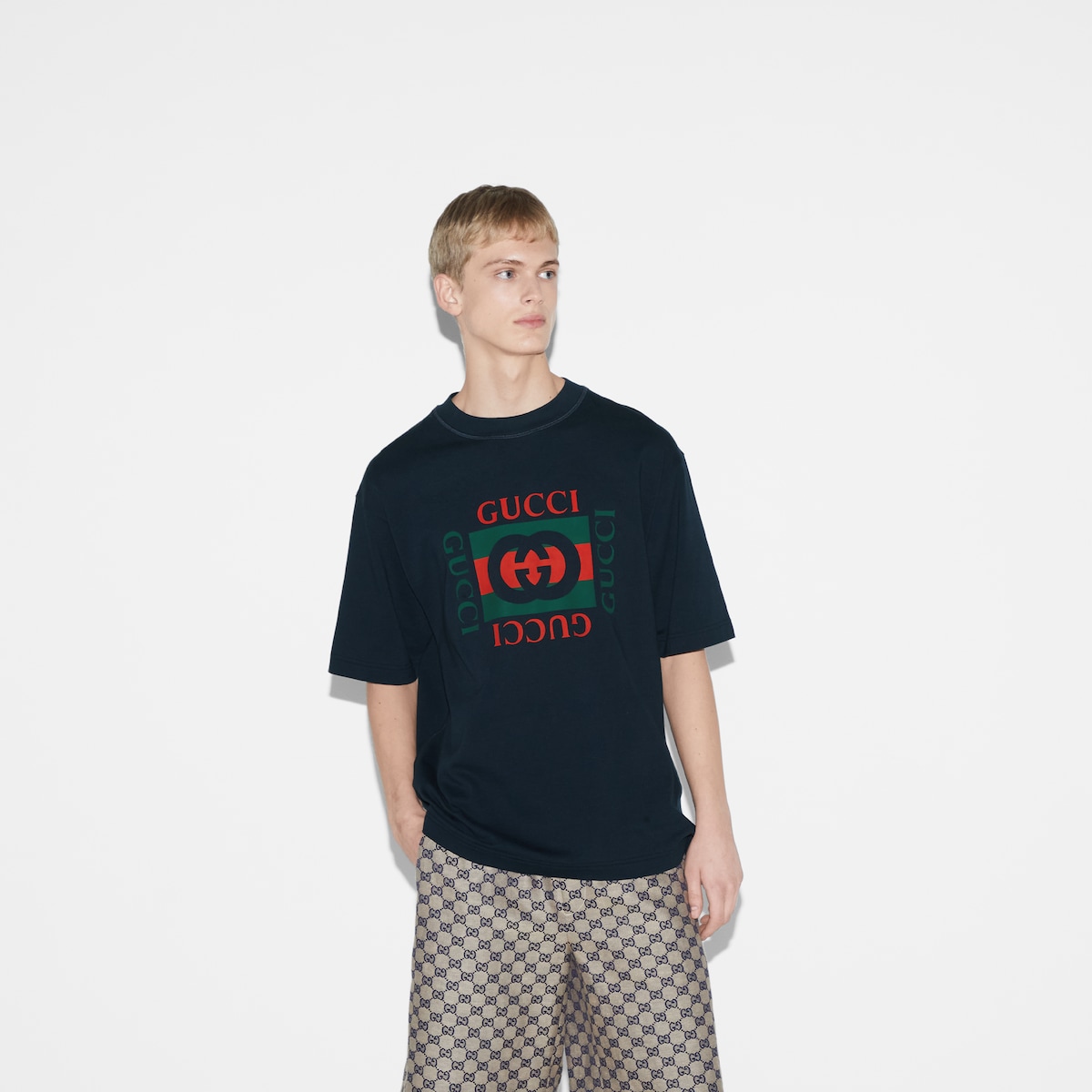 Cotton jersey T shirt with Gucci print in navy GUCCI TR