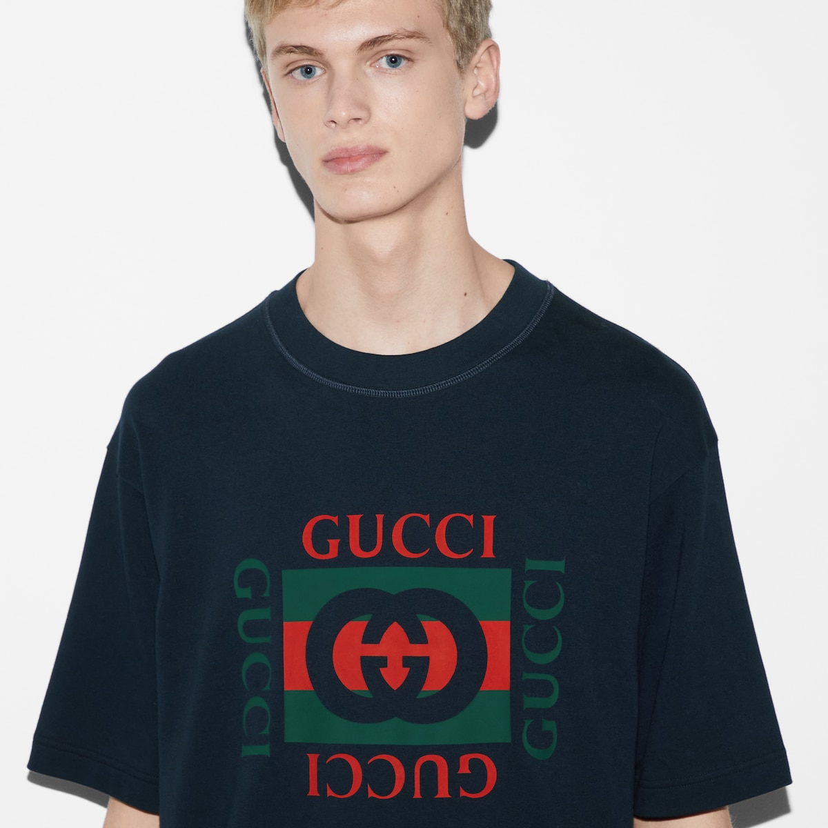 T-shirt in jersey di cotone con stampa Gucci in blu navy
